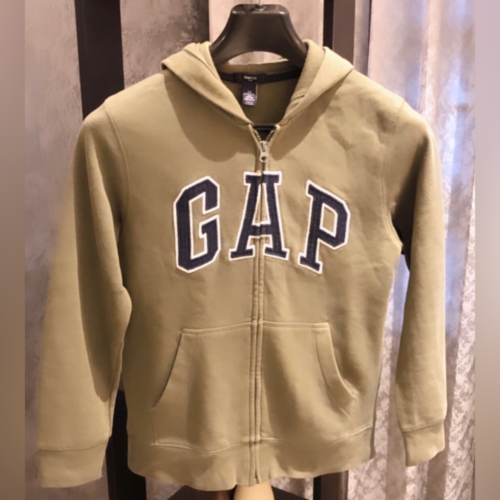 GAP Kids, logo print, zip front hoodie. Sap Green color. For 10-11 year old Boy - Picture 1 of 3